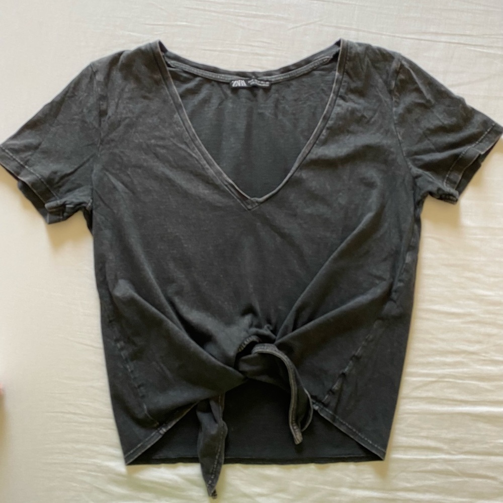 Charcoal V-Neck Front Tie Top
